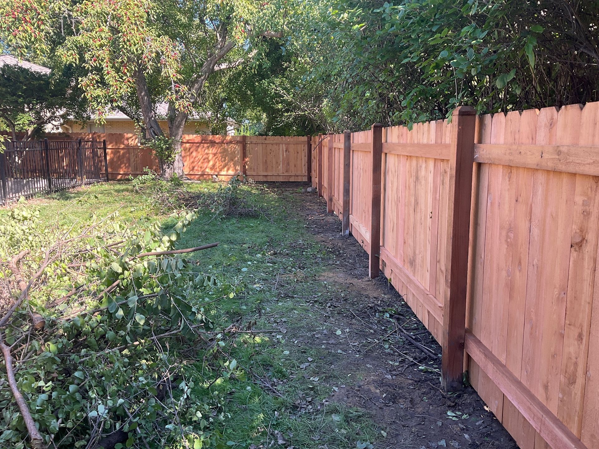 Wooden fence in a yard with scattered leaves and debris; trees in the background.