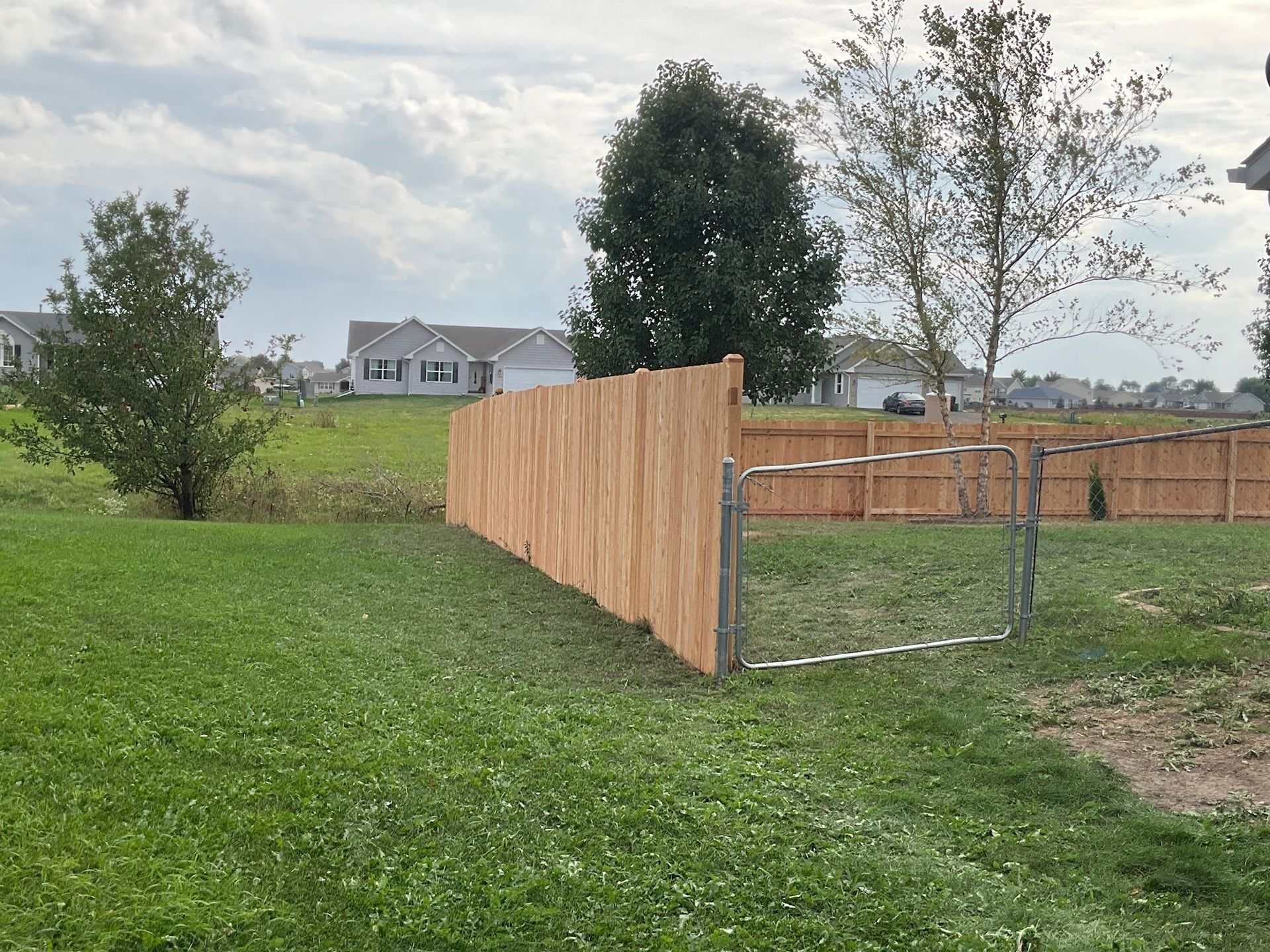 Wooden fence with gate in grassy backyard, houses in background under cloudy sky.