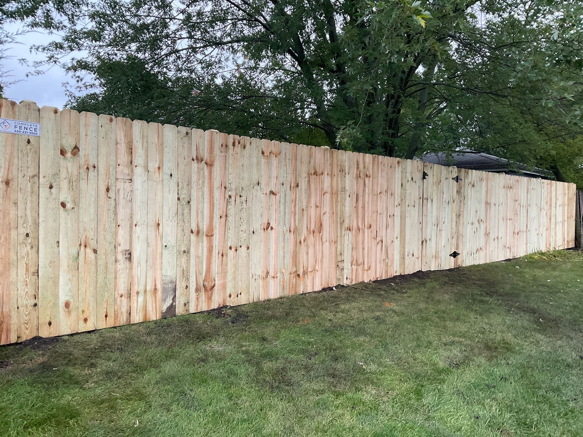 Wooden privacy fence in a grassy yard.