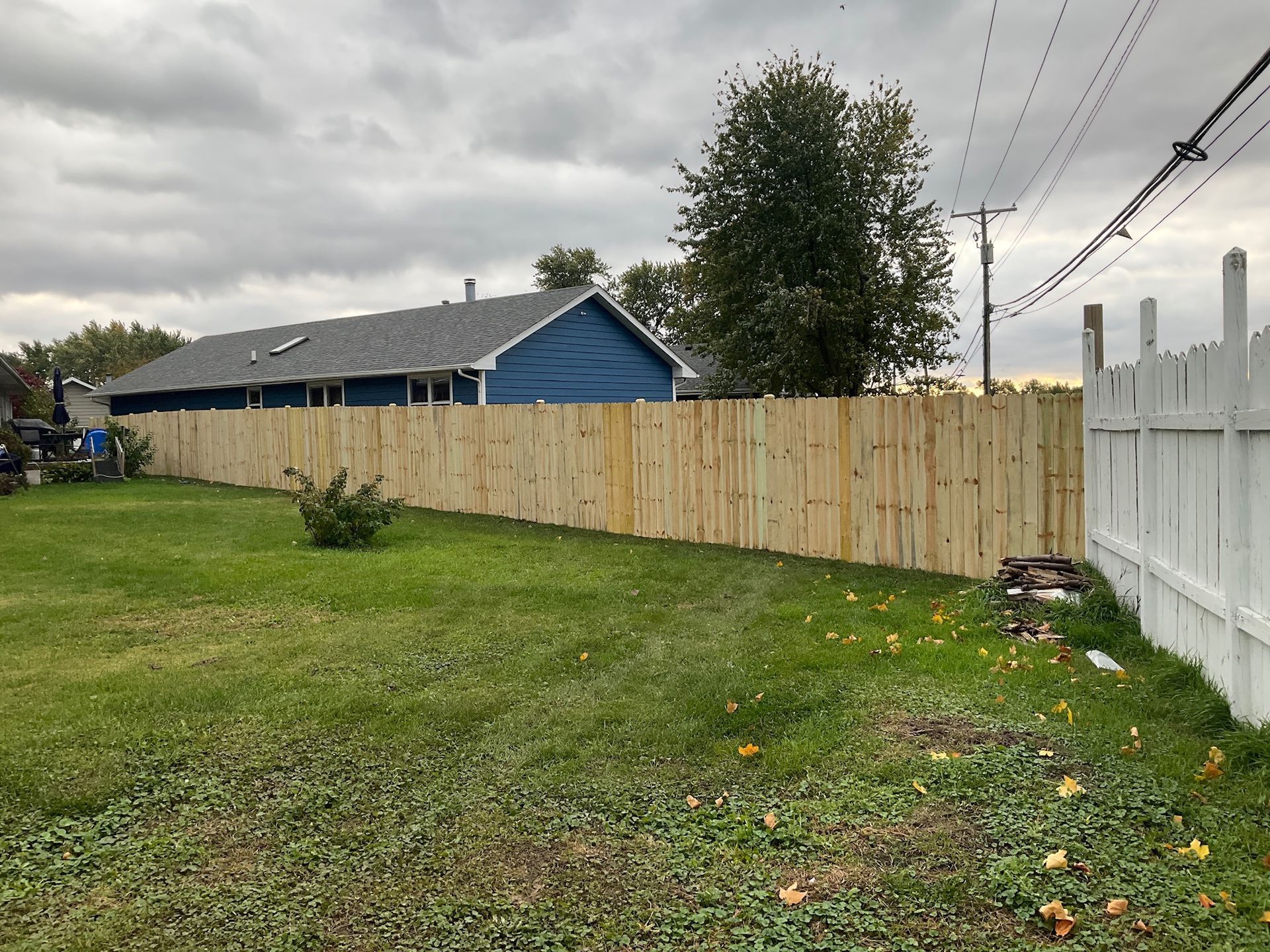 Wooden fence lines a grassy yard, a blue house and overcast sky in the background.