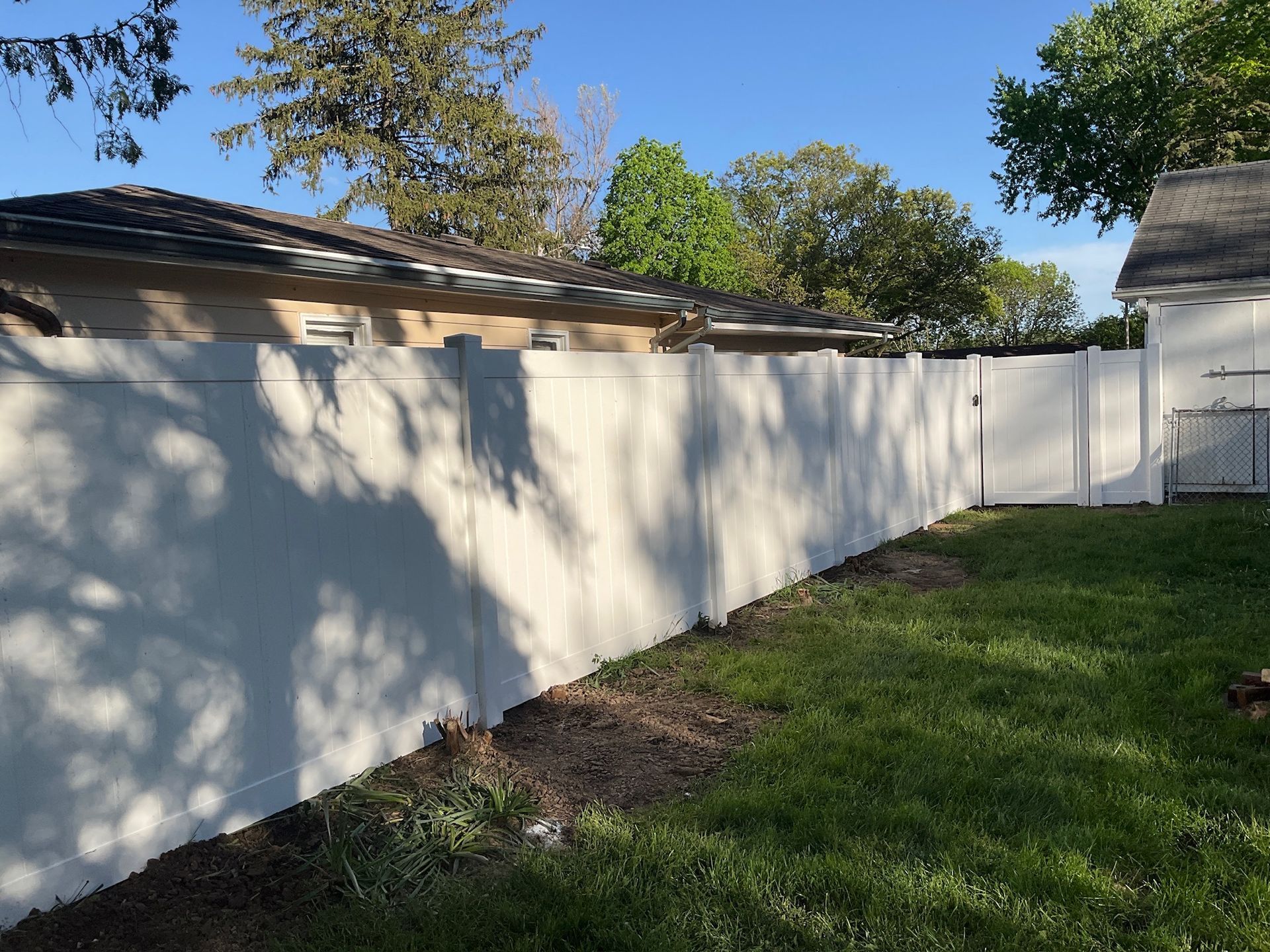 White vinyl fence in a backyard setting with green grass and trees.