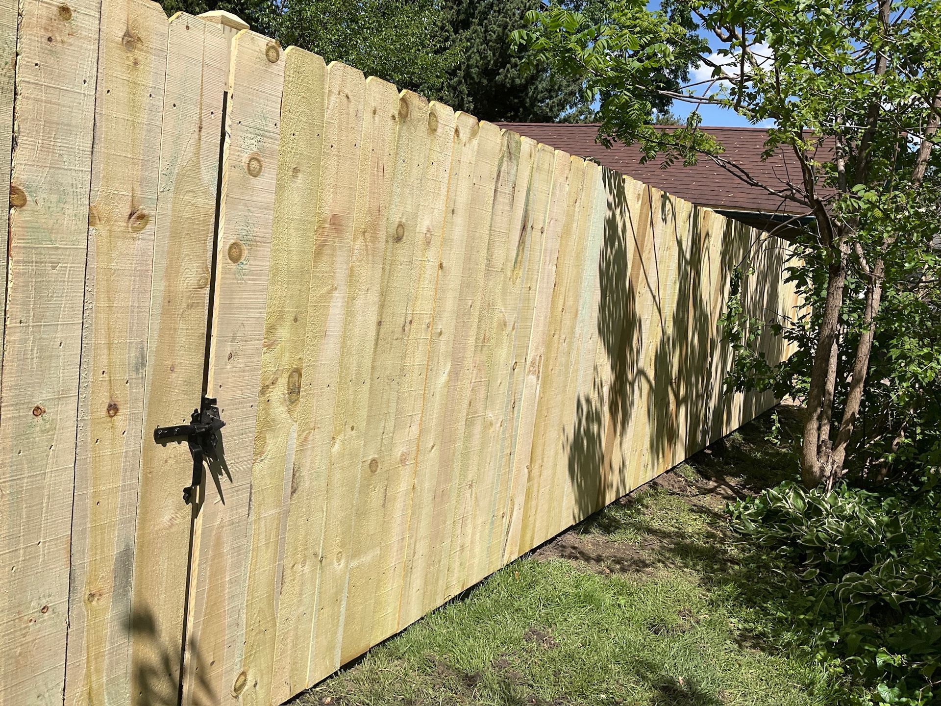 Wooden fence in a yard with grass and a tree, under a blue sky.