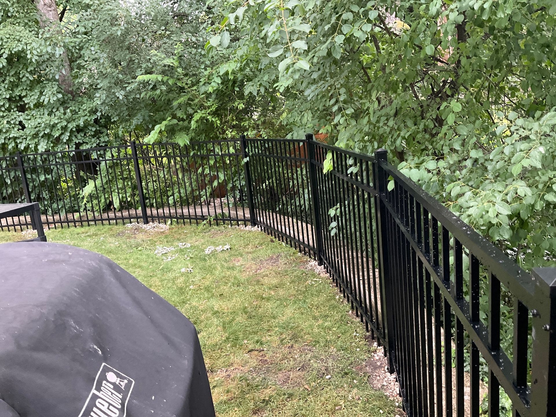 Black metal fence curves around a grassy yard, with trees in the background. A grill cover is in the foreground.