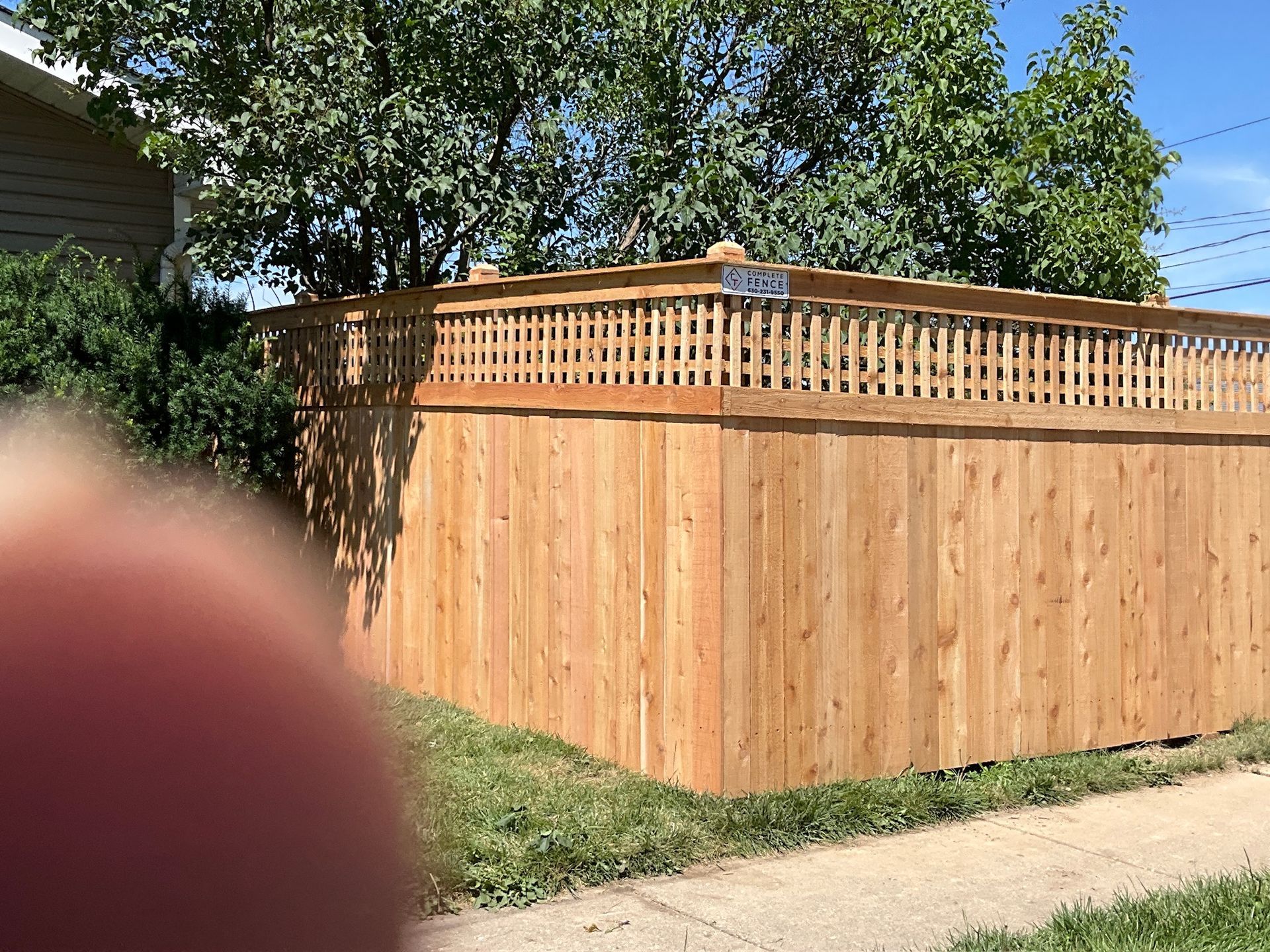 Wooden fence with lattice top in a yard with grass and sidewalk.