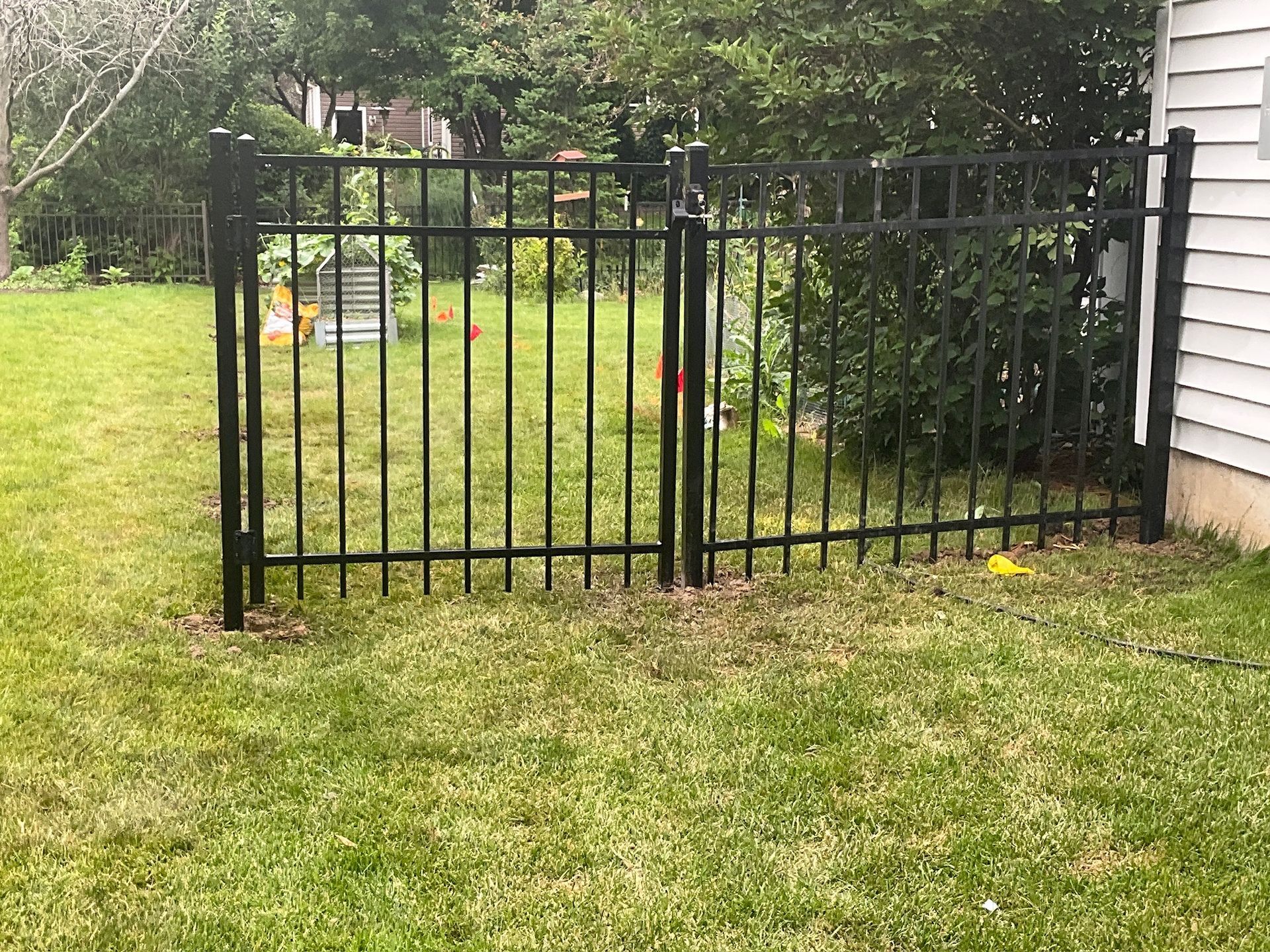 Black metal fence with a gate in a grassy yard.