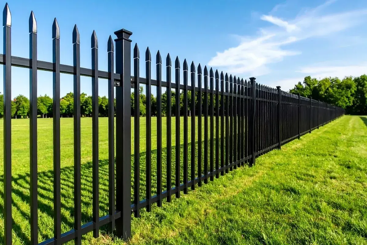 Black metal fence bordering a green grassy field on a sunny day.
