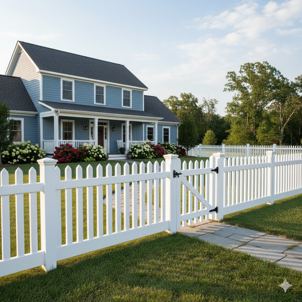 Blue house with white picket fence, gate, and walkway in front yard.