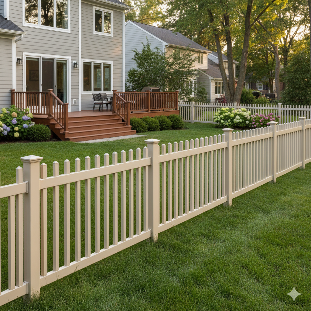 Beige picket fence in a grassy backyard, framing a deck and neighboring houses.