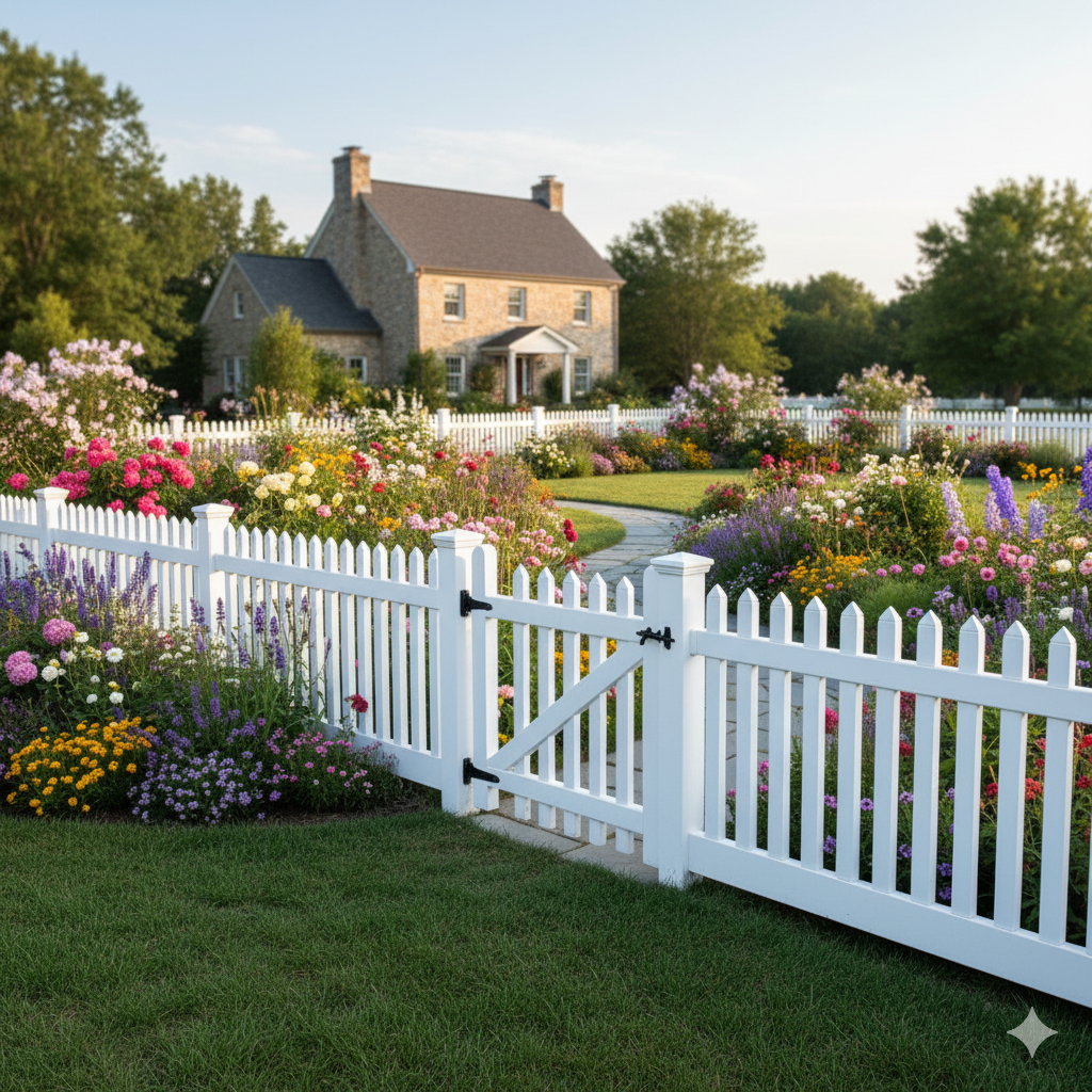 White picket fence surrounds a colorful flower garden in front of a stone house.