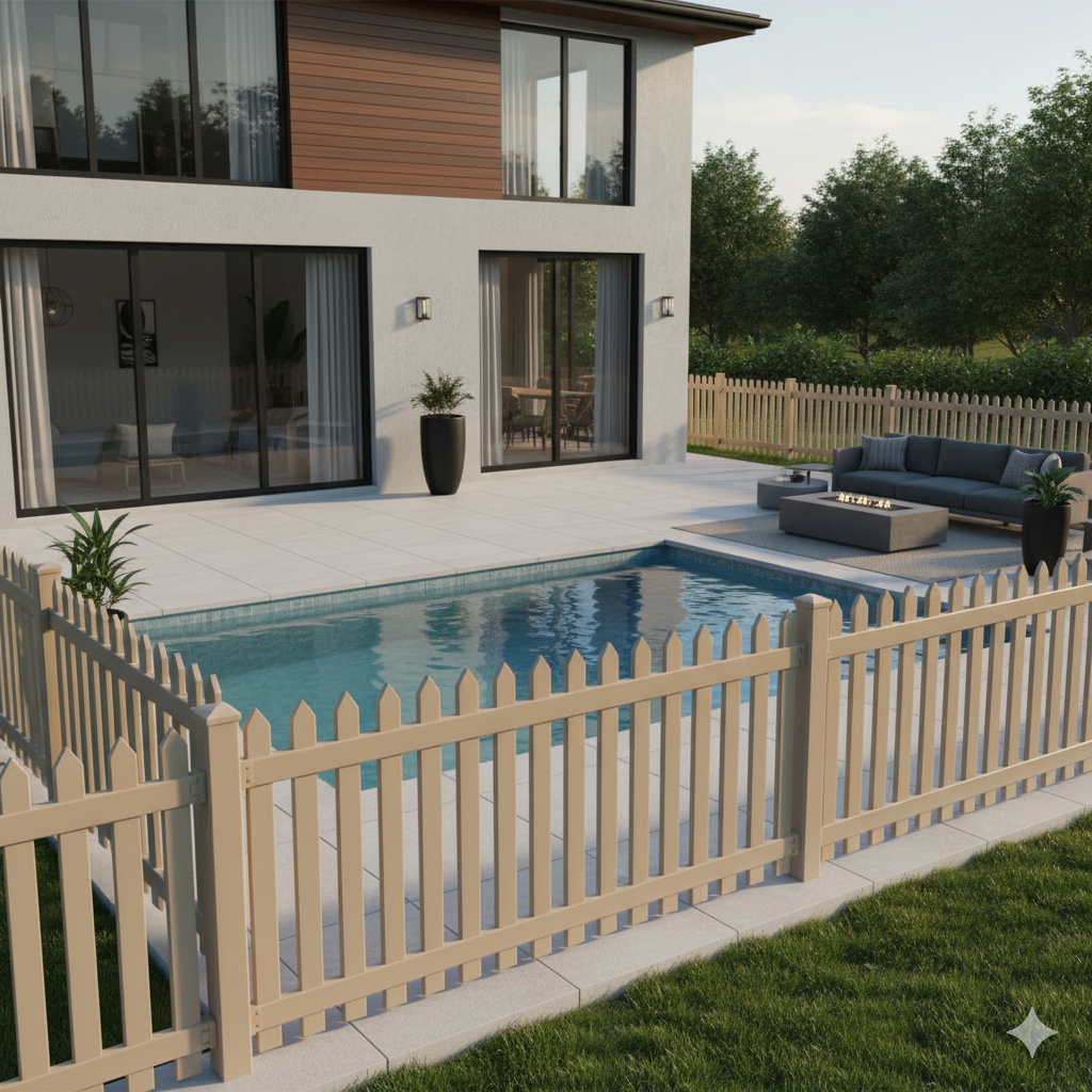 House with pool and picket fence in yard. Grey house, tan fence, blue pool, outdoor seating.