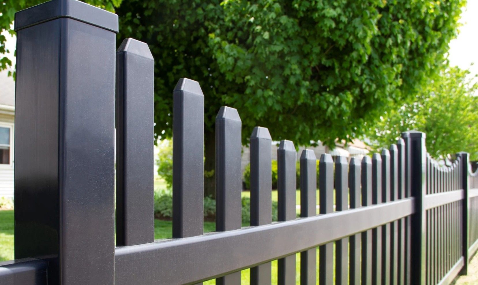 Black metal picket fence in front of a green tree.