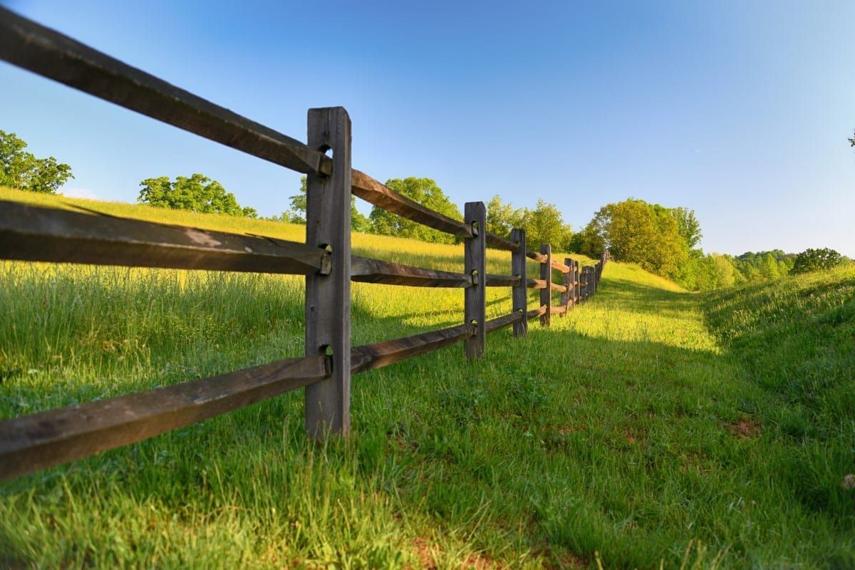 Wooden fence in a grassy field on a sunny day.