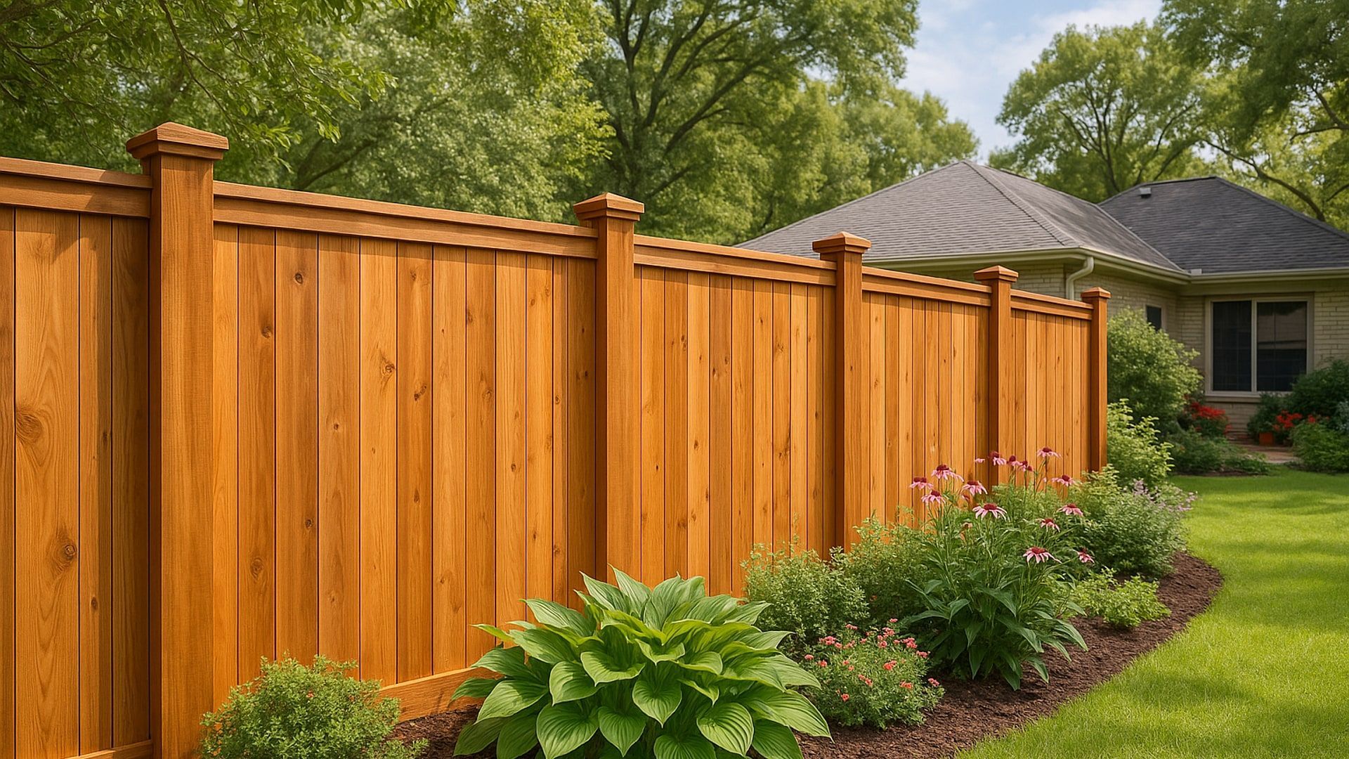Wooden fence surrounds a lush green yard with a house in the background.