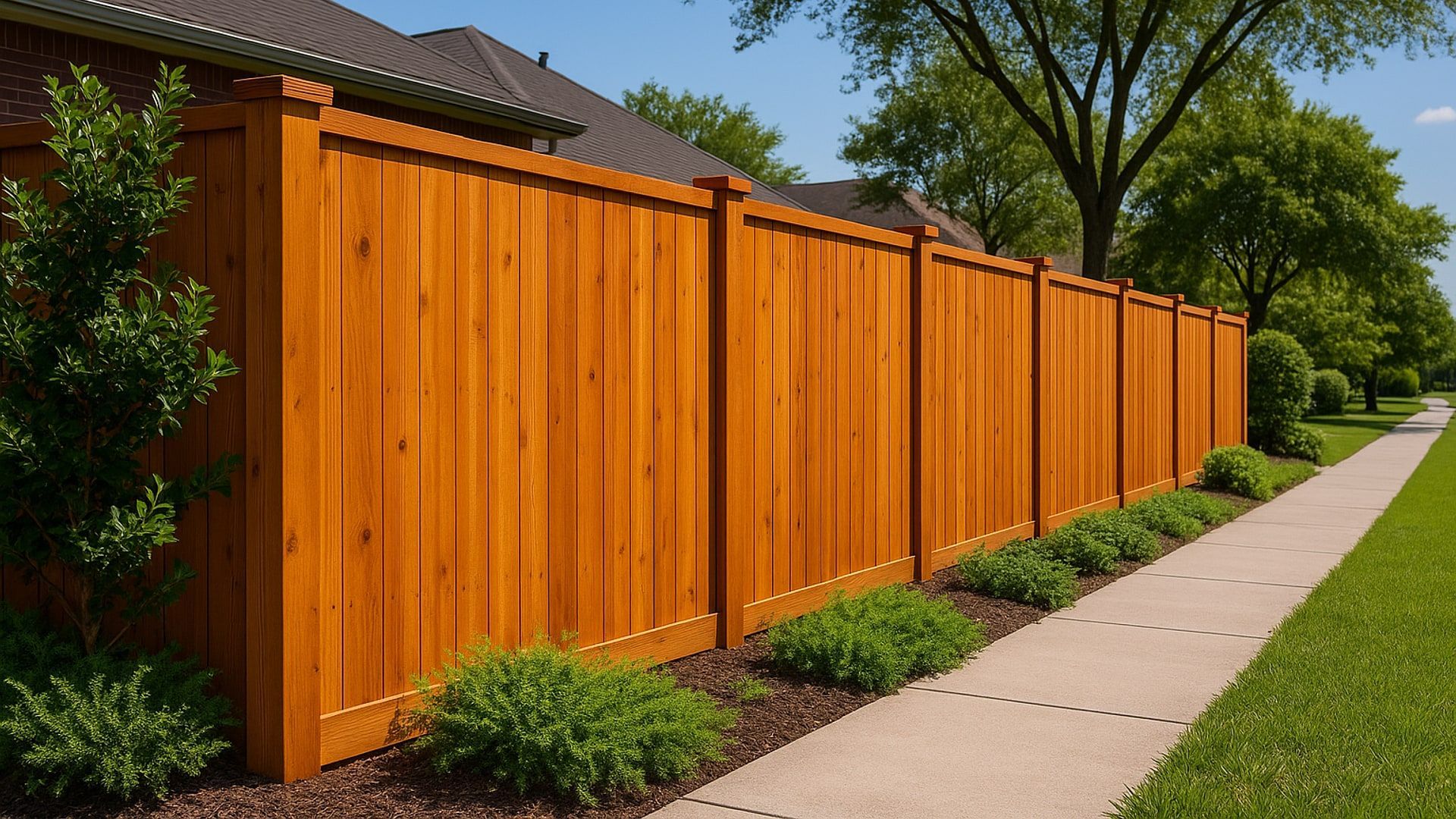 Wooden fence along a sidewalk, with bushes in front.