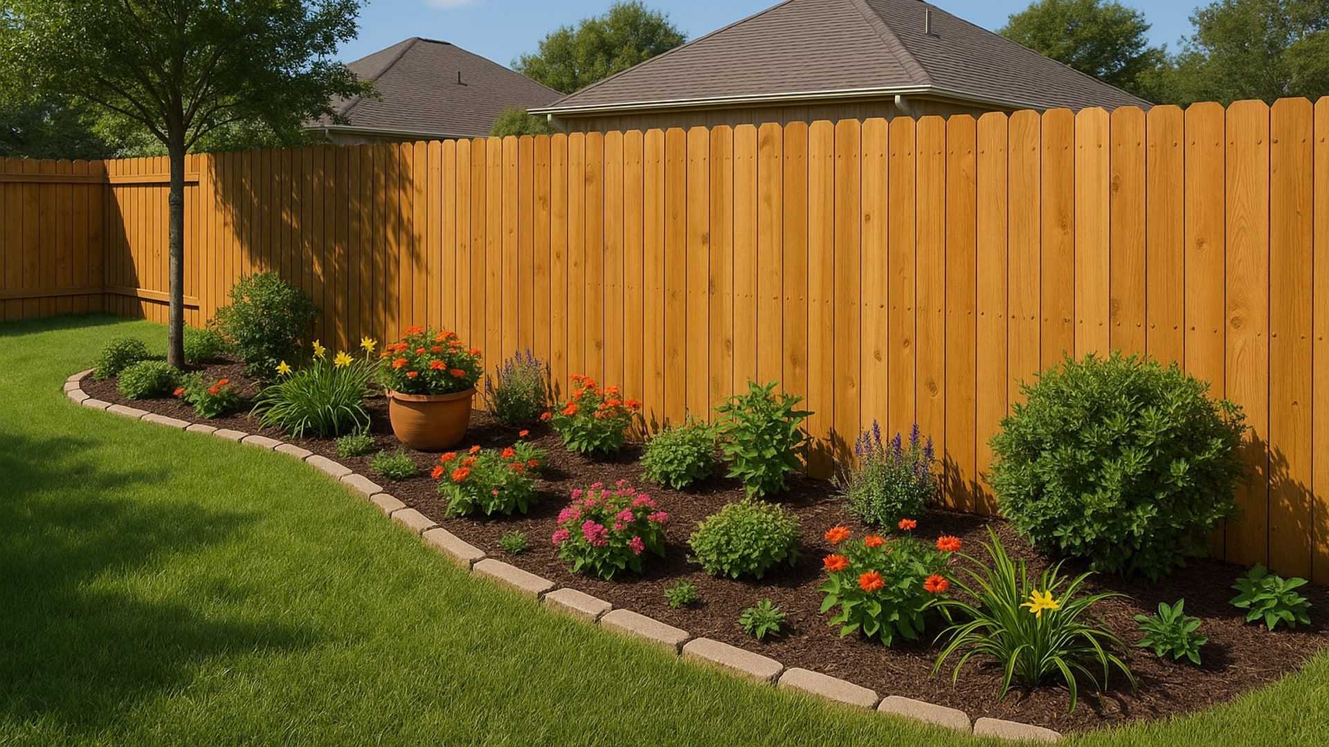 A landscaped garden bed with colorful flowers borders a wooden fence and green lawn.