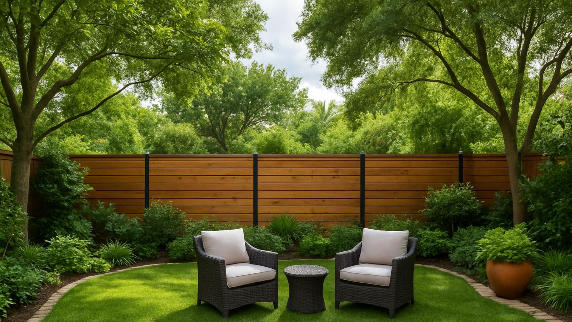 Two chairs and a small table on a grassy lawn, framed by a wooden fence, greenery, and trees.