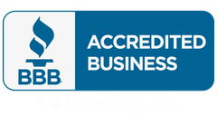 BBB Accredited Business badge: blue and white rectangular logo with a flame and the text 