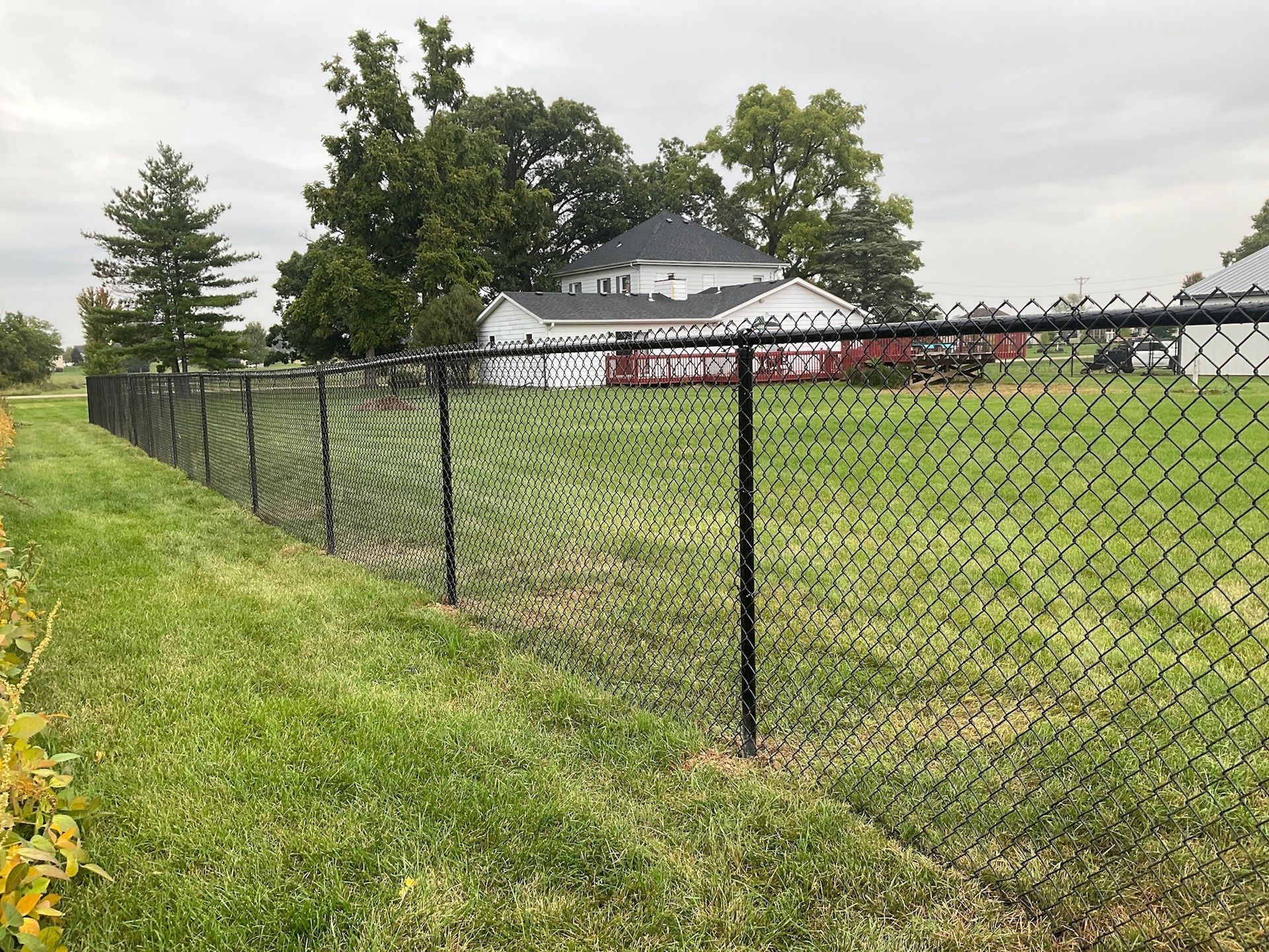 Black chain-link fence bordering a grassy area, with a white house in the background under a cloudy sky.