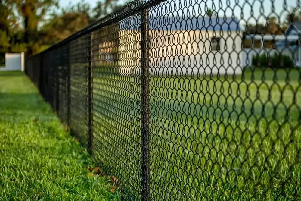 Black chain-link fence in a grassy yard, with a blurred house in the background.