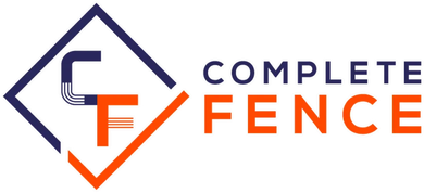 Logo for Complete Fence: a blue and orange diamond with the letters "CF" and the words "COMPLETE FENCE" in a modern font.
