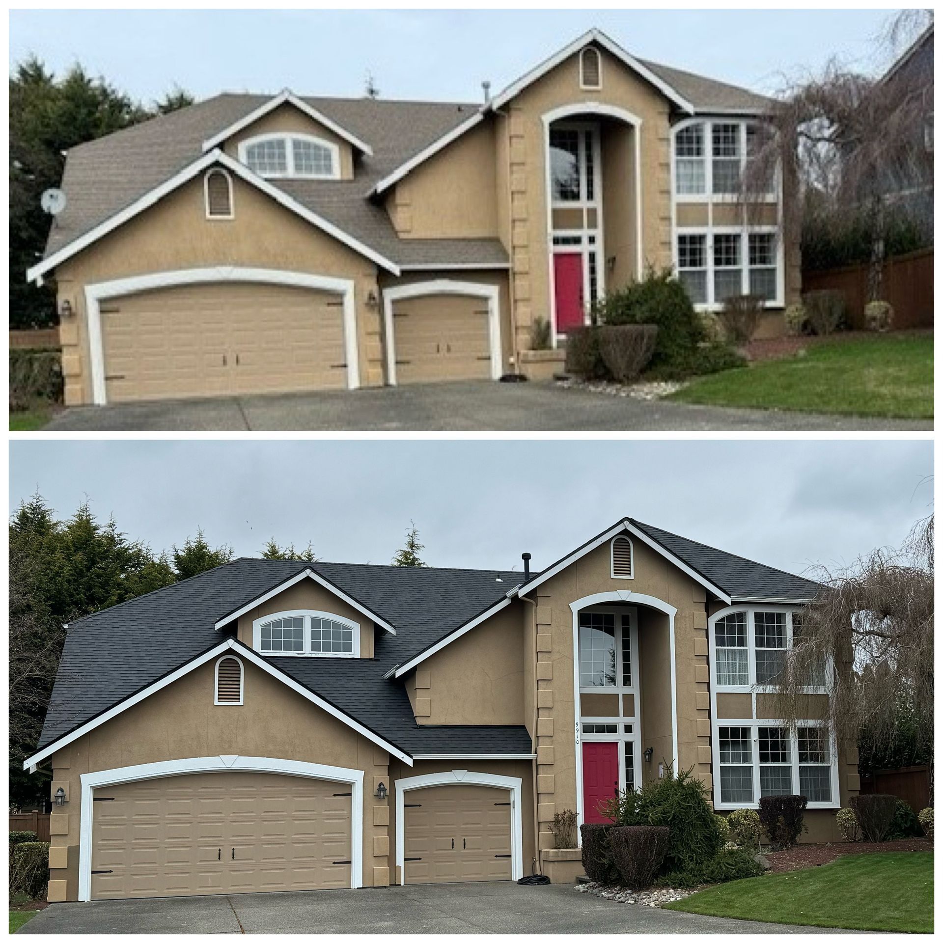 Two-story house with tan stucco exterior. Top: brown roof. Bottom: dark gray roof. Red door and tan garage doors.