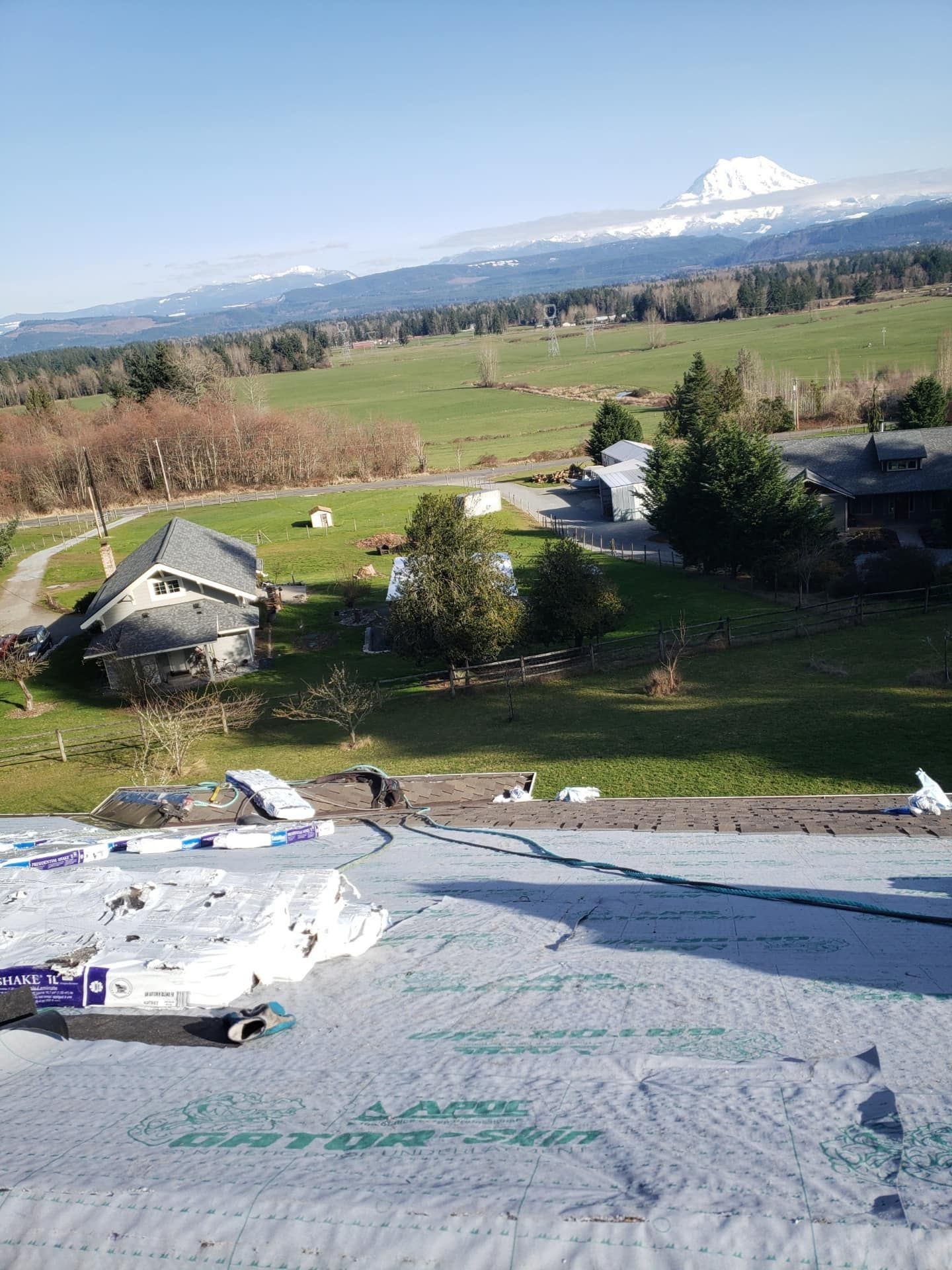 View of a green field with houses, trees, and a snow-capped mountain under a blue sky.