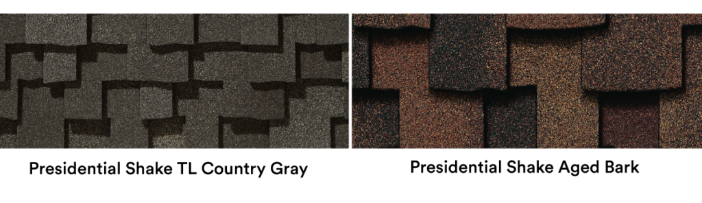 Two roof shingle swatches: Presidential Shake TL Country Gray (gray) and Aged Bark (brown).