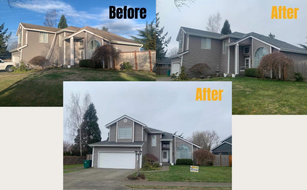 Before and after views of a house exterior. Gray siding, trimmed shrubbery, and improved landscaping in after photos.