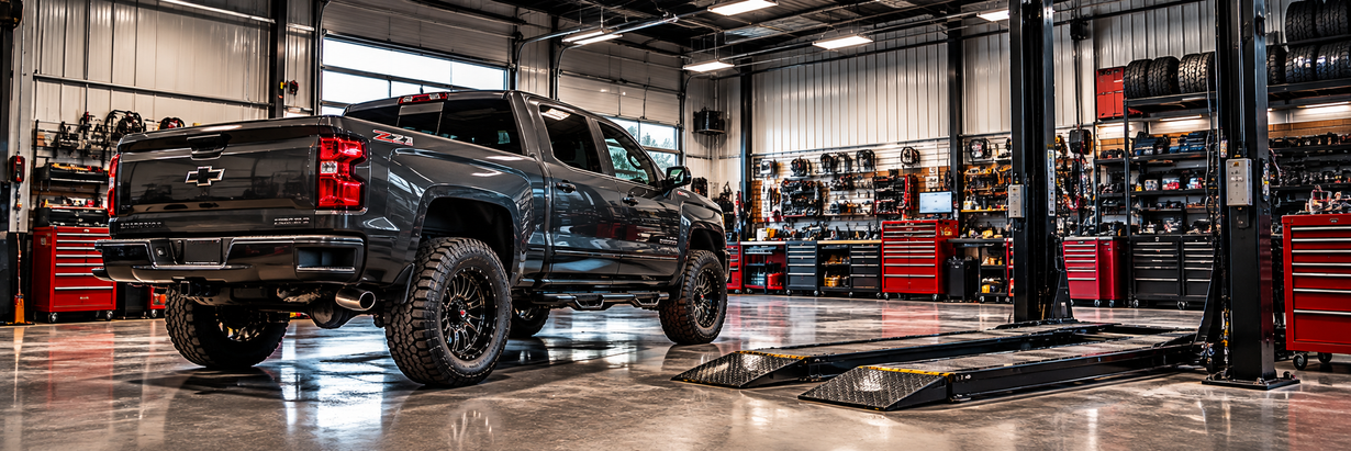 Silver diamond-plate toolbox mounted on the front of a black pickup truck.