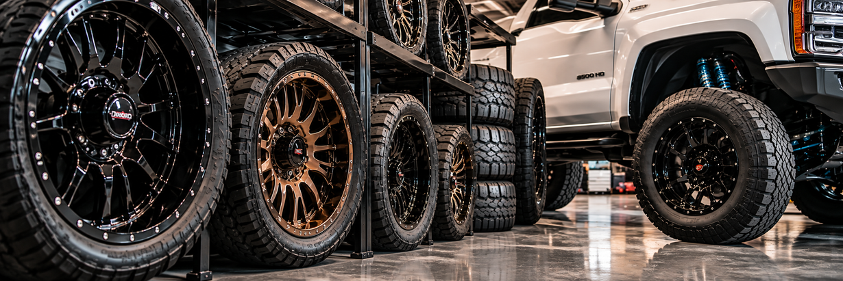 Custom off-road truck wheels and tires lined up in a garage, with black and bronze rims.