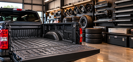 Black pickup truck with open tailgate in a tire shop, surrounded by stacked wheels and tools.