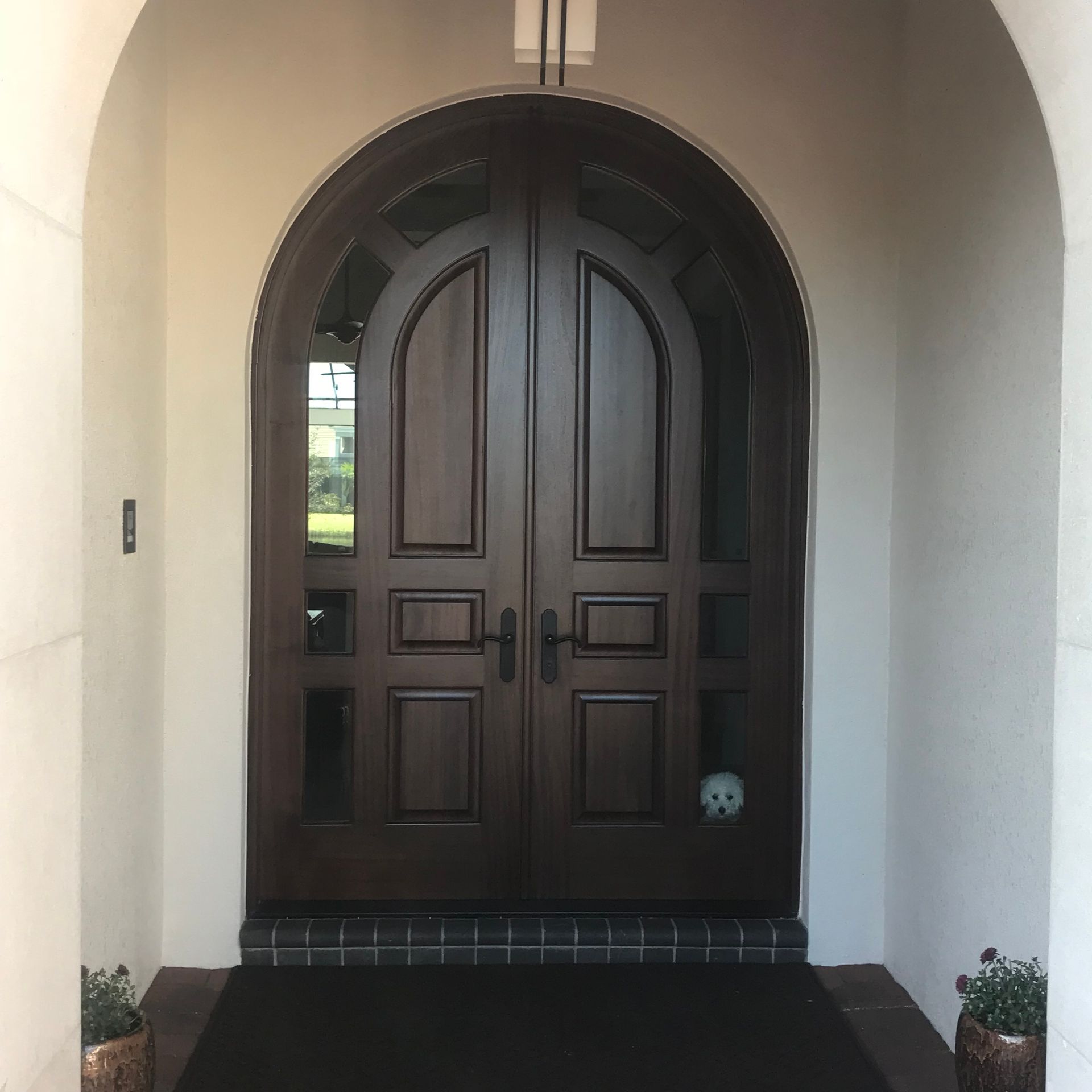 Dark wooden double front door under an arched entryway with white stucco walls.