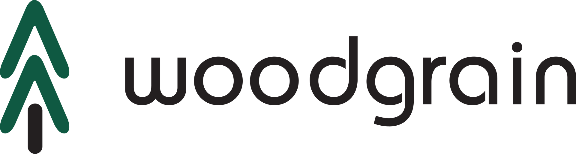 Woodgrain logo with green stylized tree icon and black text on white background