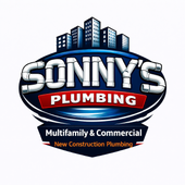 Sonny’s Plumbing logo with blue skyline, red banner, and text for multifamily, commercial, and new construction plumbing