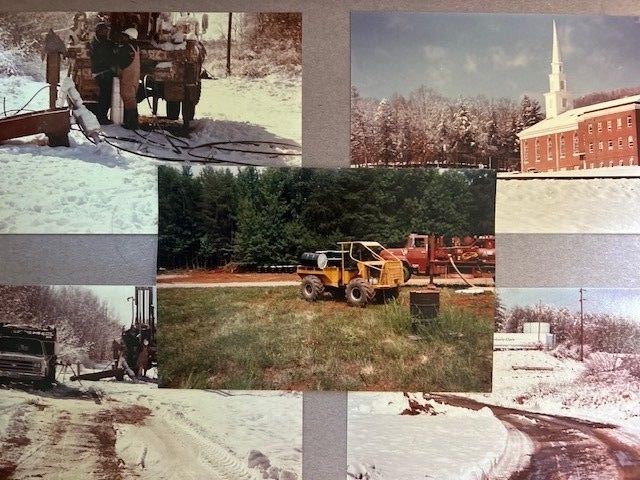 A collage of pictures shows a tractor plowing snow and a church in the background.