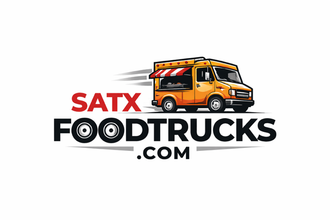 Logo for SATXFOODTRUCKS.COM featuring an orange food truck with a red and white striped awning on a white background.