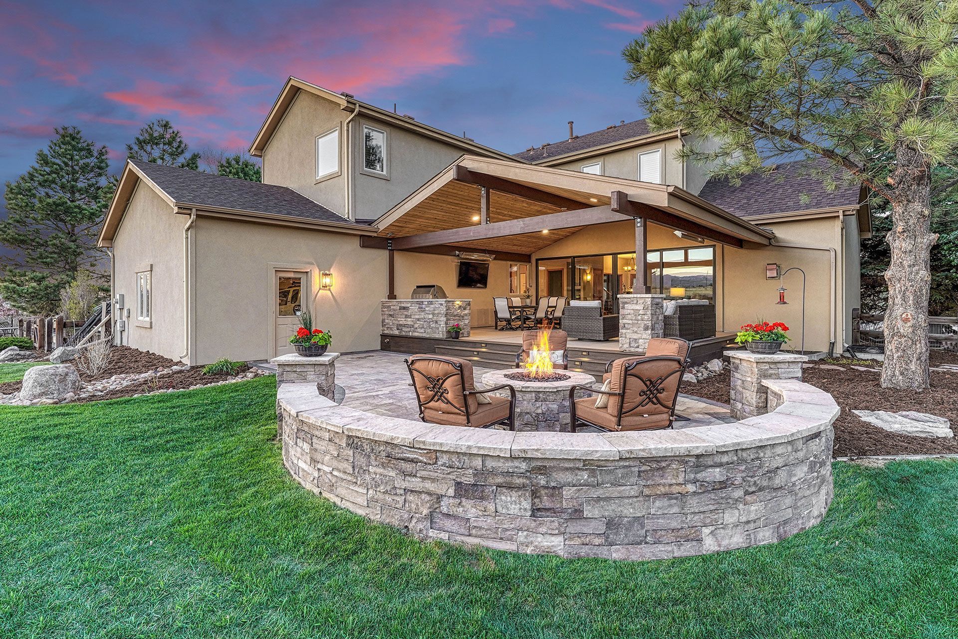 patio with stone fire pit