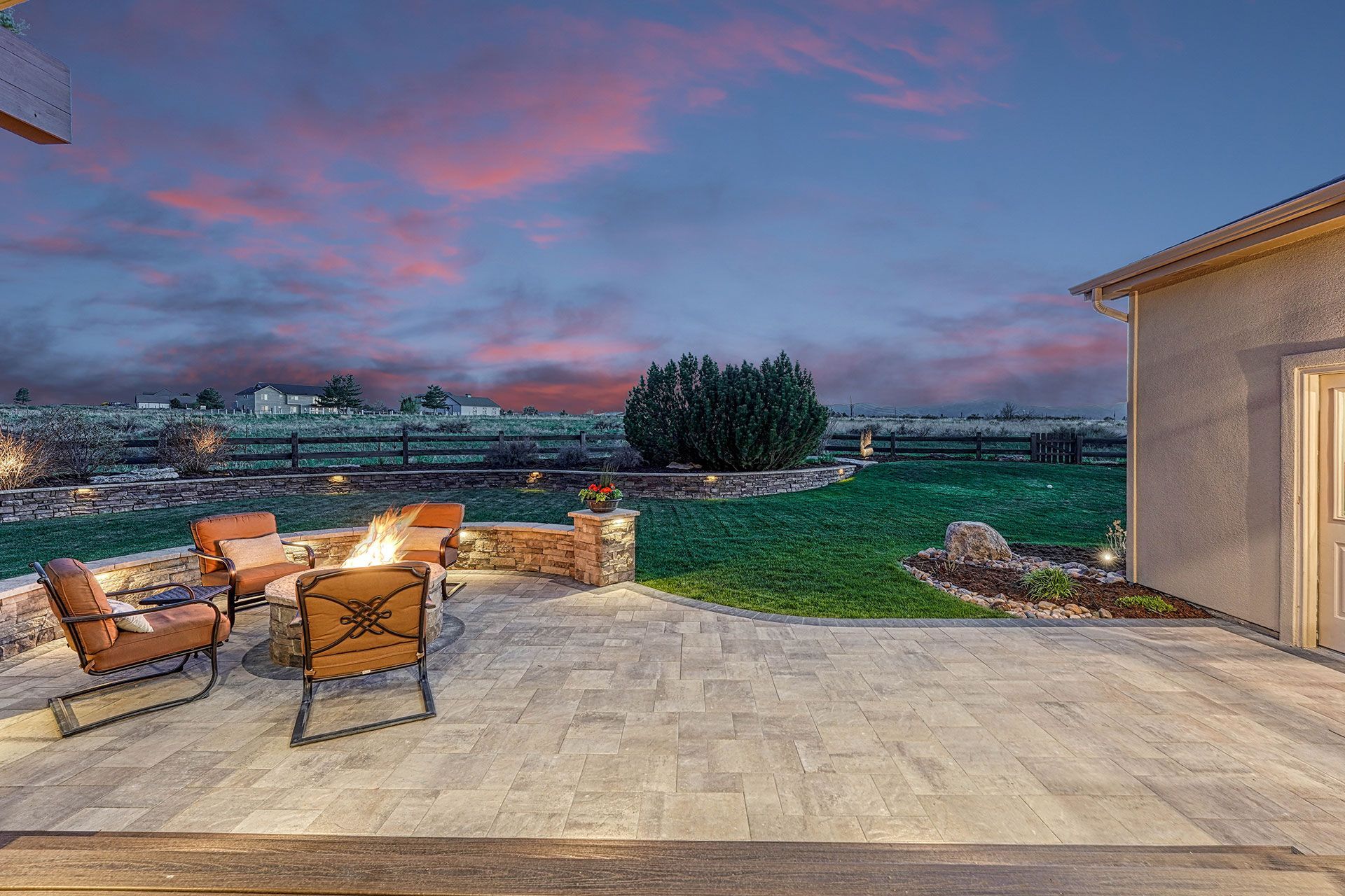 full view of patio at night
