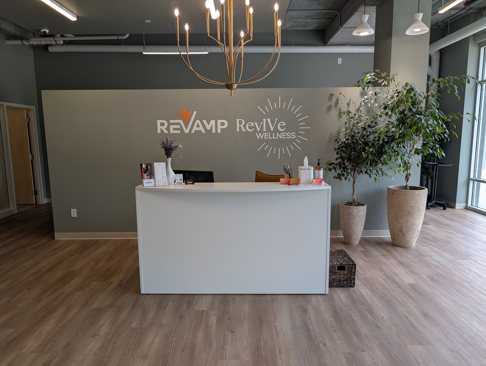 Reception area with white desk, Revamp Revive logo, potted plants, and chandelier.