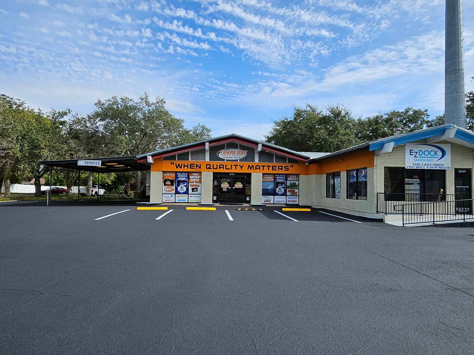 A building with a parking lot