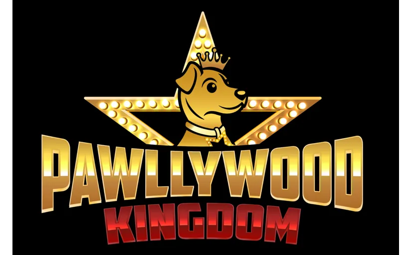 Logo for Pawllywood Kingdom: Golden star with a dog wearing a crown, above "Pawllywood Kingdom" in gold and red.