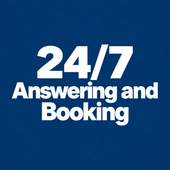 White text reading “24/7 Answering and Booking” on a blue background