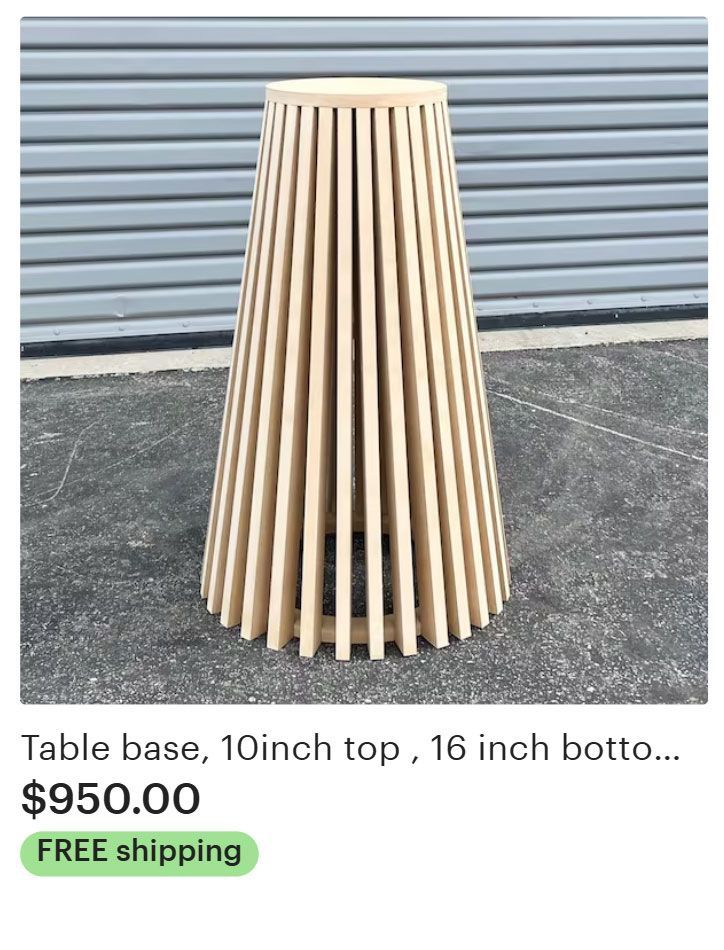 Wooden table base with vertical slats, 10-inch top, 16-inch bottom.