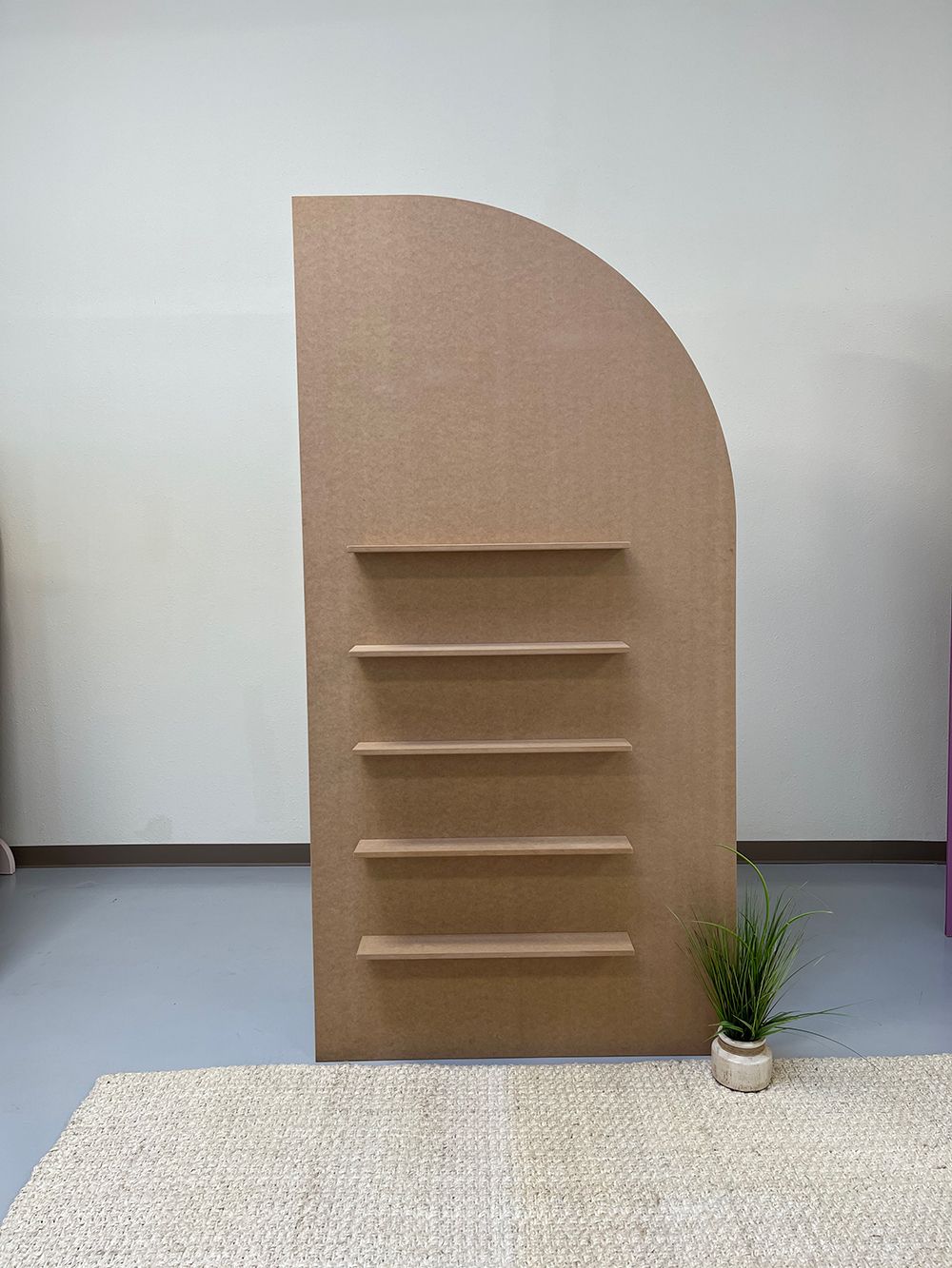 A wooden wall with shelves and a plant in a room