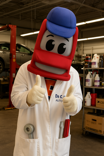 A mascot in a lab coat is giving a thumbs up