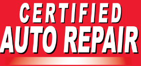 Certified auto repair sign in bold white text on a red background