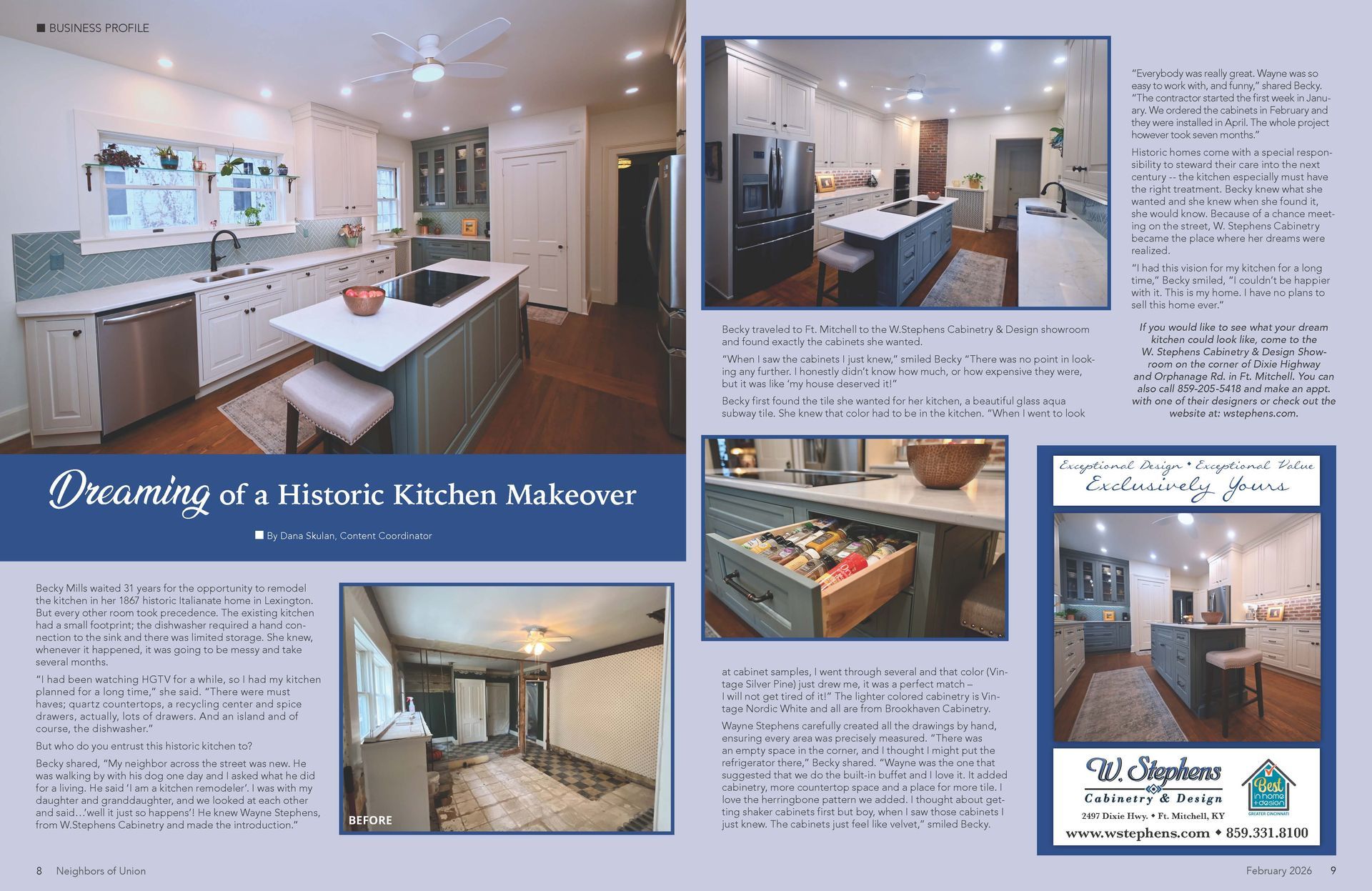 Kitchen makeover spread renovated space with island, text, and before image.