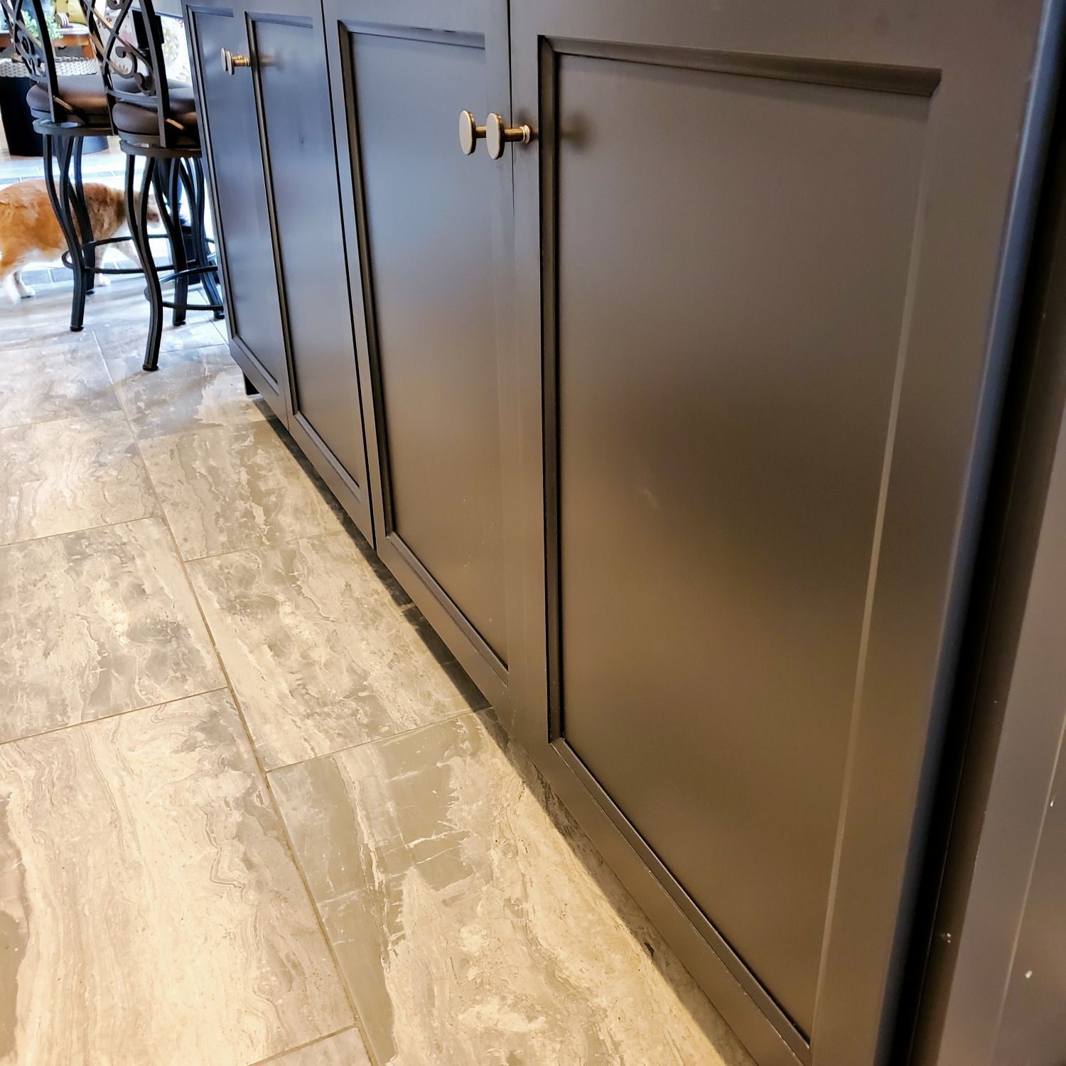 A dog is standing next to a black cabinet in a kitchen.