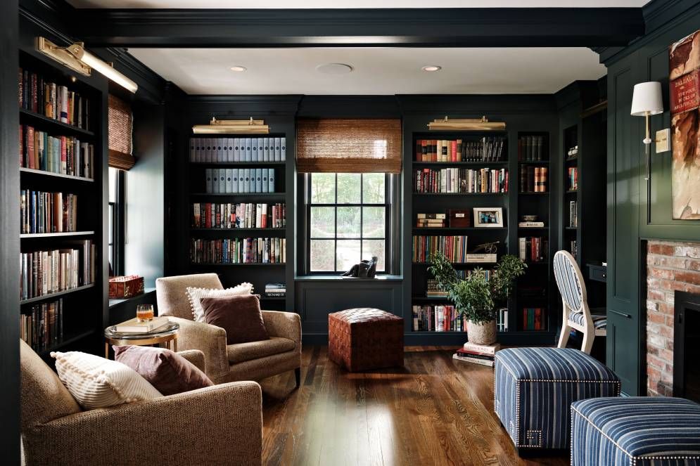 A living room filled with furniture and bookshelves.