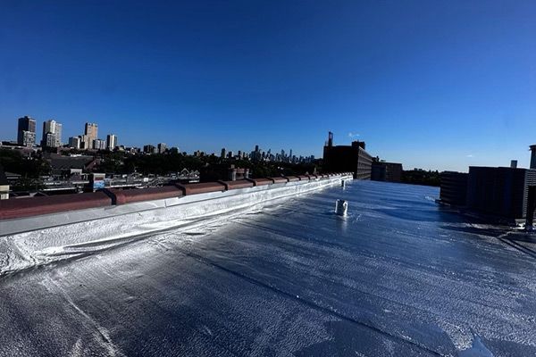 Shiny rooftop under clear blue sky with distant city buildings on the left